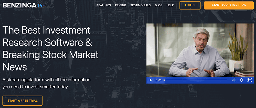 benzinga pro homepage.