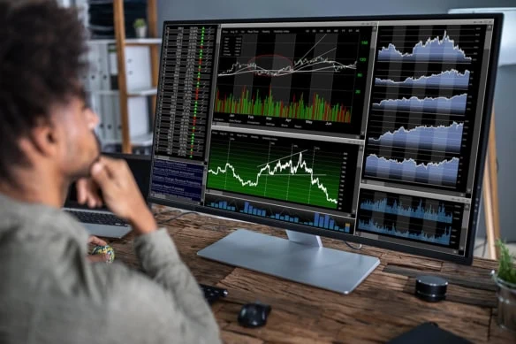 a man looks at a trading platform on his computer monitor.