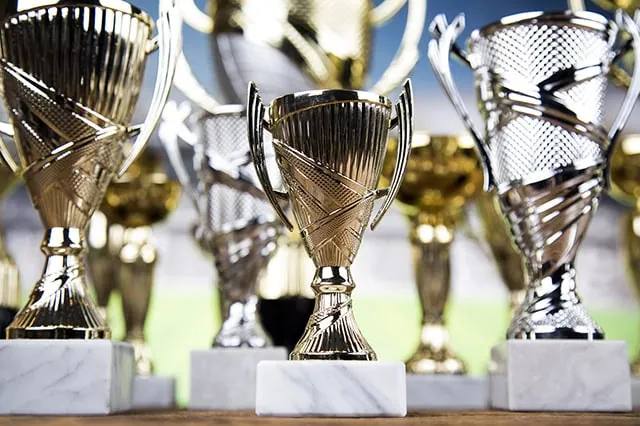 a group of gold and silver trophies of varying sizes.