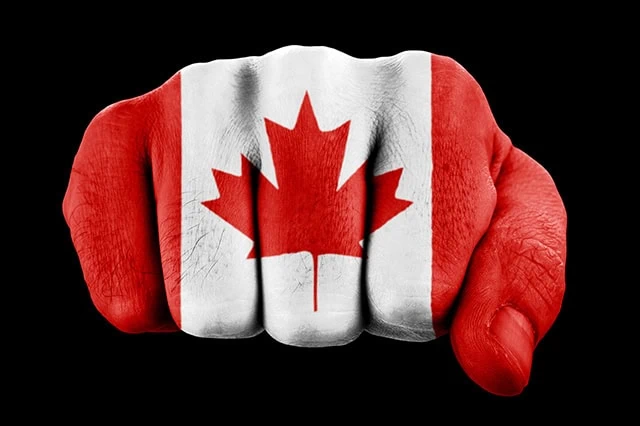 How Do the Trump Tariffs Work Now? 13 a fist painted in the colors of the canadian flag.