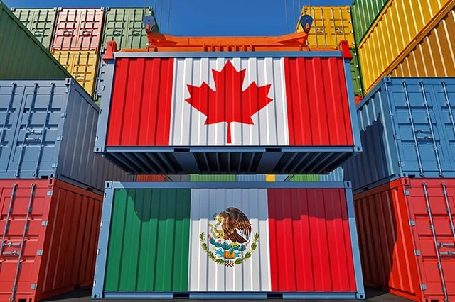 How Do the Trump Tariffs Work Now? 11 a shipping container with a canadian flag above another shipping container with a mexican flag.