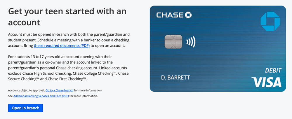 a screenshot of a chase high school checking debit card.