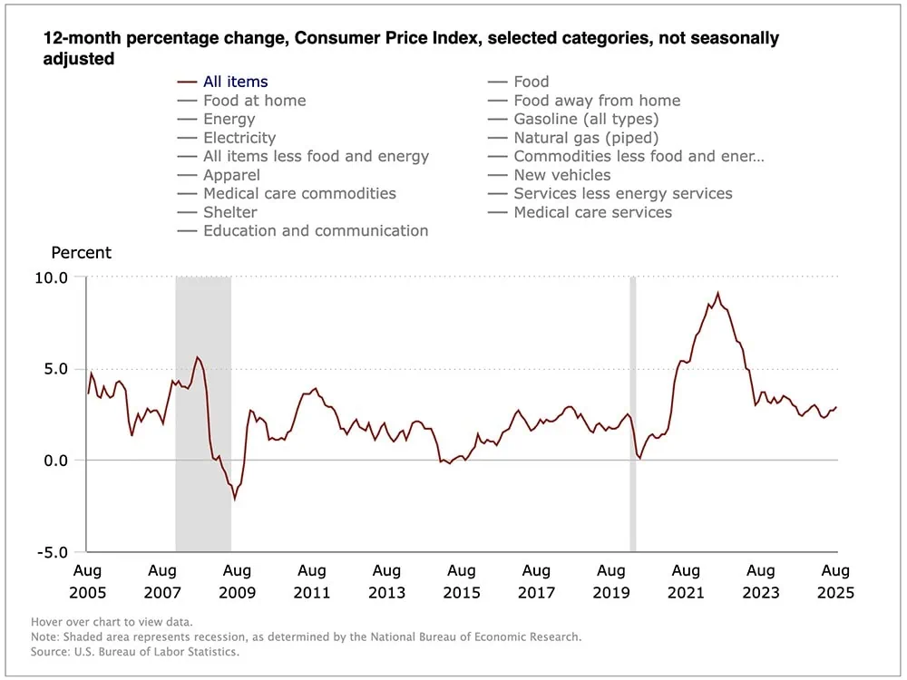a chart showing America's 12-month change in the consumer price index CPI over the past 20 years.