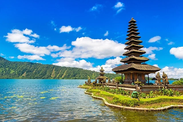 Pura Ulun Danu Beratan Bedugul temple on a lake in Bali Indonesia.