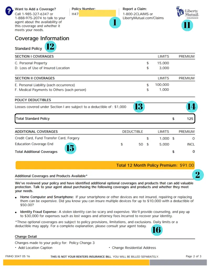 renters insurance declaration page coverages
