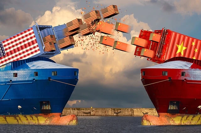 How Do the Trump Tariffs Work Now? 10 3d illustration of a us cargo boat shooting containers at a chinese cargo boat.