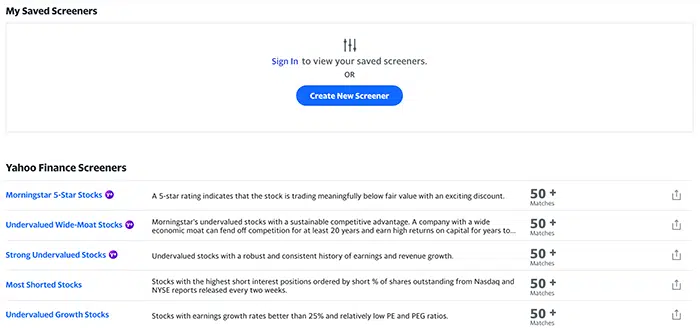 Yahoo! Finance screener